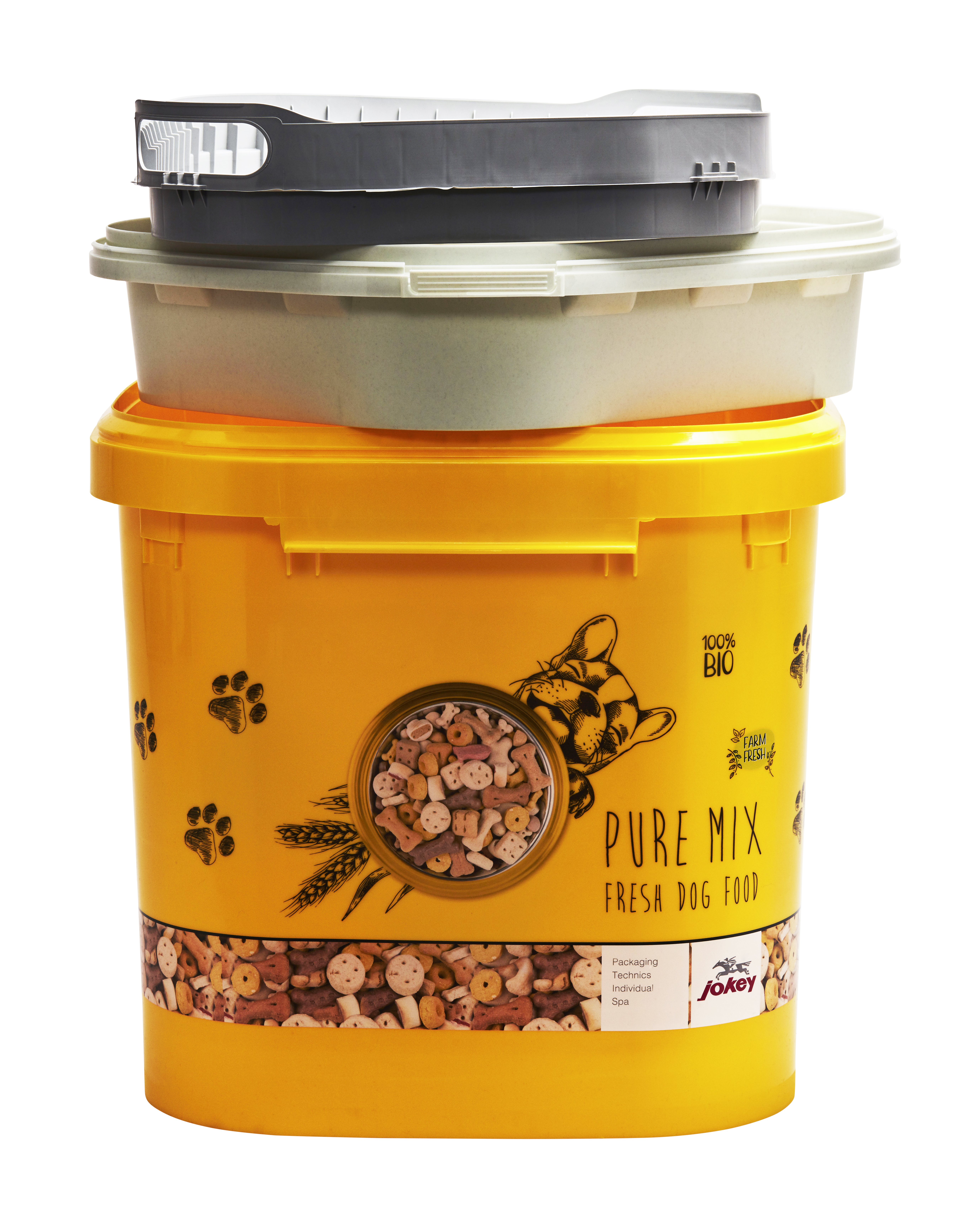 Kauha kaksikomponenttisella kannella, joka sopii eläinten rehuun