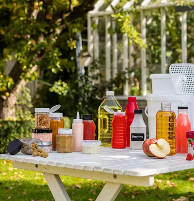 Picknickbord med plastflaskor och plastburkar för livsmedel