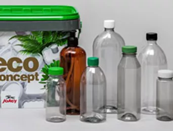 Återvunna livsmedelsflaskor i plast