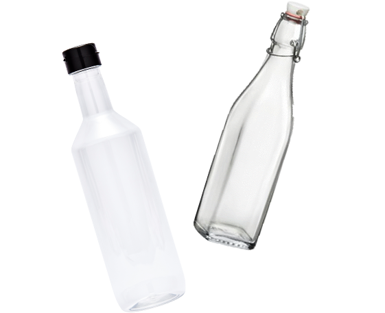 PET-muovipullo ja lasipullo