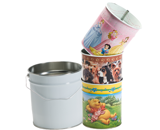 Plåthinkar i olika storlekar och med tryck som kan fyllas med många olika produkter