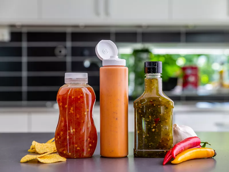 Dressingflasker i plast, der egner sig til forskellige typer dressing og sauce