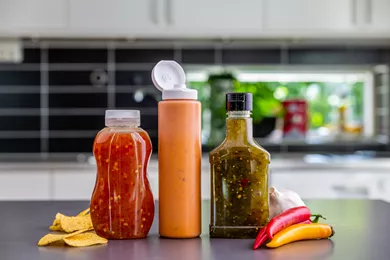 Dressingflaskor i plast som passar till olika sorters dressing och sås